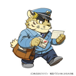  1:1 2022 akashi_takenori anthro biped bottomwear chibi clothing cute_fangs delivery_(commerce) felid hat headgear headwear japanese_text kemono kinoshita-jiroh male mammal necktie pantherine pants postal_delivery postal_uniform sengoku_puzzle shirt simple_background solo text tiger topwear 