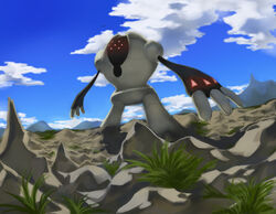  blue_sky cloud cloudy_sky commentary day english_commentary full_body grass no_humans outdoors pinkgermy pokemon pokemon_(creature) registeel rock sky solo standing 