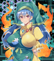  :d abstract_background apron arm_ribbon arms_at_sides aura blue_hair blue_ribbon blush breasts closed_mouth commentary_request covered_nipples eyelashes female flower green_apron green_headwear hair_between_eyes haniyasushin_keiki head_scarf hexagon jewelry kurokan_(kokkyou_oudan) large_breasts long_hair looking_at_viewer magatama magatama_necklace necklace pocket puffy_short_sleeves puffy_sleeves red_eyes ribbon shirt short_sleeves single_strap smile solo tools touhou upper_body white_flower yellow_shirt yellow_sleeves 