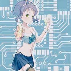  bare_shoulders black_panties black_thighhighs blue_background blue_shirt blue_skirt breasts card circuit_board cleavage collarbone commentary_request cowboy_shot crop_top female garter_straps highleg highleg_panties holding holding_card idolmaster idolmaster_million_live! idolmaster_million_live!_theater_days legs makabe_mizuki miniskirt navel panties pasta_million39 pleated_skirt purple_hair rabbit_ears_antenna serious shirt short_hair sidelocks skirt small_breasts solo standing stomach thighhighs thighs thong underwear yellow_eyes 