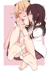  2girls bad_id bad_pixiv_id bare_legs barefoot black_hair blonde_hair blush border bow closed_eyes collarbone commentary feet funami_yui hair_ornament hairbow heart highres hug licking multiple_girls nanamori_school_uniform open_mouth panties pink_background school_uniform short_hair simple_background soles sweat tennosuke_(tejons) toes tongue tongue_out toshinou_kyouko underwear upskirt white_border white_panties yuri yuru_yuri 