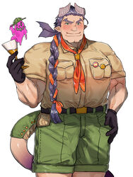  1boy badge bat_wings blush braid breast_pocket brown_shirt cleft_chin closed_mouth cocktail_glass collared_shirt commentary commentary_request cowboy_shot cup demon_boy demon_horns demon_tail drinking_glass green_eyes green_shorts hair_ornament hairpin hand_up hat highres horns liquid long_hair lucifuge_(housamo) male_focus muscular muscular_male neckerchief partial_commentary pocket pointy_ears purple_hair purple_liquid scout_uniform shiratori_yokikana shirt shorts side_braid simple_background smile solo tail thick_eyebrows tokyo_afterschool_summoners white_background wings 