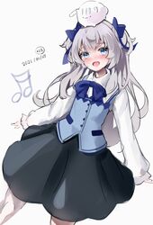  black_skirt blue_bow blue_eyes blue_vest bow collared_shirt commentary_request cosplay feline female gochuumon_wa_usagi_desu_ka? grey_hair highres indie_virtual_youtuber kafuu_chino kafuu_chino_(cosplay) long_hair rabbit_house_uniform retorillo shanoa_(vtuber) shirt skirt uniform very_long_hair vest virtual_youtuber waitress white_shirt 