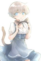  alternate_costume animal_ears bad_id bad_twitter_id blonde_hair blue_eyes blush buttons cat_ears cat_tail cowboy_shot dirndl fake_animal_ears female german_clothes hair_between_eyes highres holding kantai_collection karin_bluez3 short_hair short_sleeves simple_background solo tail white_background z1_leberecht_maass_(kancolle) z1_leberecht_maass_(oktoberfest_mode)_(kancolle) 