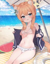  2drr animal_ear_fluff animal_ears bare_shoulders beach bikini bikini_under_clothes black_jacket blue_archive blue_eyes blue_sky breasts brown_hair cloud cloudy_sky collarbone commentary day female food frilled_bikini frills fruit groin halo horizon innertube jacket long_hair long_sleeves looking_at_viewer low_ponytail mari_(blue_archive) navel ocean open_clothes open_jacket outdoors parted_lips ponytail sand sidelocks sitting sky small_breasts solo starfish swim_ring swimsuit very_long_hair water watermelon watermelon_slice wavy_mouth white_bikini yellow_halo 