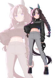  animal_ears arm_at_side baseball_cap black_footwear boc&#039;z_(umamusume) braid brown_hair closed_mouth crop_top crop_top_overhang cropped_jacket ear_covers female full_body grey_pants hair_bobbles hair_ornament hand_on_own_hip hat highres hokko_tarumae_(boc&#039;z)_(umamusume) hokko_tarumae_(umamusume) holding holding_clothes holding_hat horse_ears horse_girl horse_tail katuko_deluxe long_hair long_sleeves looking_at_viewer midriff multicolored_hair navel pants purple_eyes shoes sneakers solo standing streaked_hair sweatpants tail twin_braids umamusume unworn_hat unworn_headwear zoom_layer 