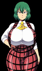  amazon_(taitaitaira) ascot black_background breasts commentary female green_hair hair_between_eyes huge_breasts kazami_yuuka open_clothes open_vest plaid plaid_skirt plaid_vest red_eyes shirt short_hair simple_background skirt skirt_set solo symbol-only_commentary touhou vest 