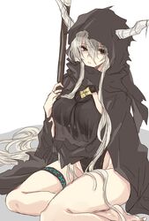  an_fyhx arknights bad_id bad_pixiv_id bare_legs barefoot black_cloak black_eyes black_one-piece_swimsuit breasts cloak closed_mouth commentary demon_horns expressionless female hair_between_eyes hair_spread_out highres holding holding_staff hood hood_up hooded_cloak horns horns_through_hood infection_monitor_(arknights) large_breasts long_hair looking_at_viewer official_alternate_costume one-piece_swimsuit shining_(arknights) shining_(silent_night)_(arknights) simple_background sitting solo staff swimsuit swimsuit_under_clothes thick_thighs thighs torn_cloak torn_clothes very_long_hair white_background white_hair yokozuwari 