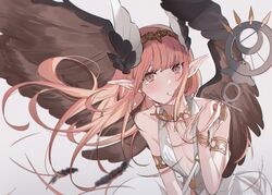  bracelet breasts circe_(fate) commentary_request fate/grand_order fate_(series) female floating_hair head_wings highres jewelry long_hair necklace pink_eyes pink_hair pointy_ears simple_background small_breasts smile solo staff tears tiara twitter_username wings yurumawari 