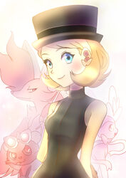  animal_ear_fluff bare_shoulders black_headwear black_shirt blonde_hair blue_eyes blush breasts closed_mouth commentary delphox earrings english_commentary eyewear_on_head fangs female gradient_background hat highres jewelry konna-nani leaf looking_at_viewer mouth_hold open_mouth pancham pokemon pokemon_(anime) pokemon_(creature) pokemon_journeys serena_(pokemon) shirt short_hair sleeveless sleeveless_shirt sleeveless_turtleneck small_breasts smile sunglasses sylveon turtleneck upper_body 