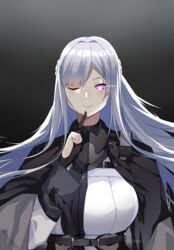  ak-12_(girls_frontline) artificial_eye bangs black_background braid breasts closed_mouth commentary female fingers_to_chin french_braid girls_frontline gloves glowing glowing_eyes large_breasts lilycious long_hair looking_at_viewer mechanical_eye one_eye_closed partly_fingerless_gloves pink_eyes sidelocks silver_hair smile strap swept_bangs tactical_clothes upper_body 