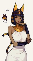  :&lt; absurdres animal_crossing animal_ears ankha_(animal_crossing) bare_shoulders breasts cat_ears cat_tail character_name commentary dark-skinned_female dark_skin dress egyptian egyptian_clothes ennuigrl female highres large_breasts lips looking_to_the_side purple_hair short_hair simple_background tail usekh_collar white_dress yellow_background 