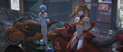  2girls absurdres adapted_costume ass_visible_through_thighs ayanami_rei bare_legs bare_shoulders blue_eyes blue_hair breasts brown_hair can cleavage_cutout clothing_cutout coca-cola cola-alter detached_sleeves drink_can elbow_gloves eva_00 eva_02 evangelion_(mecha) full_body gloves highres interface_headset leotard long_hair long_sleeves looking_at_viewer medium_breasts motor_vehicle motorcycle multiple_girls navel neon_genesis_evangelion nerv night outdoors plugsuit red_eyes red_gloves revealing_clothes short_hair soda_can souryuu_asuka_langley standing stomach thigh_cutout twintails v-shaped_eyebrows vending_machine white_leotard 