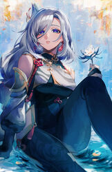  absurdres armor blue_eyes blue_flower blue_hair blue_nails bodysuit braid bright_pupils chinese_clothes detached_sleeves earrings eyeliner female flower genshin_impact glaze_lily gloves hair_flower hair_ornament hair_over_eyes highres hip_vent holding holding_flower itou_(very_ito) jewelry knee_up long_hair looking_at_viewer makeup partially_fingerless_gloves puffy_detached_sleeves puffy_sleeves red_eyeliner shenhe_(genshin_impact) sidelocks single_braid sitting solo tassel tassel_earrings very_long_hair water white_pupils 