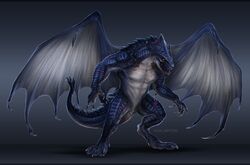  anthro biped blue_body bone_frill claws dragon european_mythology featureless_crotch frill_(anatomy) hi_res isvoc male mythological_creature mythological_scalie mythology nude open_mouth scales scalie simple_background solo tail teeth western_dragon wings zo&#039;tesh 