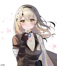  bad_id bad_pixiv_id black_gloves blonde_hair blush breasts cape choker clming female flower girls&#039;_frontline gloves hair_between_eyes hair_flower hair_ornament hairband hexagram highres holding jacket long_hair looking_at_viewer sidelocks solo star_of_david x95_(girls&#039;_frontline) yellow_eyes 