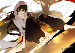  1boy anklet arm_tattoo baggy_pants bare_shoulders barefoot black_hair brown_hair cloak closed_mouth collarbone dragon earrings genshin_impact hair_between_eyes highres hood hooded_cloak jewelry long_hair looking_at_viewer male_focus multicolored_hair nail_polish pants ponytail rex_lapis_(genshin_impact) rokuon simple_background single_earring sleeveless solo tattoo toenail_polish toenails unfinished yellow_eyes zhongli_(genshin_impact) 