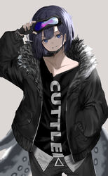  :d absurdres adjusting_eyewear andreana_(arknights) arknights black_coat black_gloves black_hair black_jacket black_pants black_shirt blue_eyes clothes_writing coat collarbone commentary_request female fingerless_gloves fur-trimmed_coat fur_trim gloves goggles goggles_on_head grey_background grin hand_on_eyewear highres jacket long_sleeves looking_at_viewer okayannosuke open_clothes open_coat open_jacket pants parted_lips shirt short_hair simple_background smile solo tentacle 