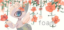  blue_eyes celebi commentary_request english_text fairy_wings flower from_side kamonabe_(kamonabeekon) looking_at_viewer no_humans pokemon pokemon_(creature) red_flower simple_background solo upper_body white_background wings 