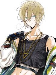  1boy black_gloves black_shirt blonde_hair blue_eyes bracelet chains crop_top eichi_turnr ensemble_stars! fingerless_gloves gloves gold_chain highres jacket jewelry male_focus official_alternate_costume open_mouth shirt short_hair solo sports_survivor_(ensemble_stars!) sweat tenshouin_eichi white_background white_jacket white_shirt 