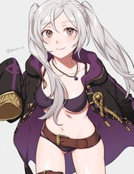  ass_visible_through_thighs belt bikini black_coat blush breasts brown_belt coat commentary cowboy_shot female fire_emblem fire_emblem_awakening fire_emblem_heroes grey_background grey_hair highres jewelry long_sleeves medium_breasts navel necklace o-ring official_alternate_costume open_clothes open_coat peach11_01 purple_bikini robin_(female)_(fire_emblem) robin_(female)_(summer)_(fire_emblem) robin_(fire_emblem) simple_background sleeves_past_fingers sleeves_past_wrists solo standing stomach swimsuit thighs twintails underboob 