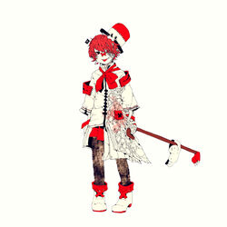  1boy 3kuma armband ascot asymmetrical_clothes bandaged_arm bandages bandaid bandaid_on_face bandaid_on_nose bear_claws bear_hat black_pants boots cane coat colored_skin creature cross_scar flag fukase full_body hat holding holding_cane light_smile looking_at_viewer male_focus miniskirt o3o official_art pants pleated_skirt point_(vocaloid) red_ascot red_eyes red_hair red_skirt scar scar_on_arm scar_on_face scar_on_mouth skirt swinging tongue tongue_out vocaloid white_background white_coat white_footwear white_skin 