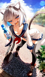  animal_ear_fluff animal_ears bag black_thighhighs blue_eyes blunt_bangs blurry blurry_foreground bokeh boots borrowed_character breasts cat_ears cat_girl cat_tail cloud cluseller collarbone cross-laced_footwear depth_of_field downblouse extra_eyebrows fangs female full_body hand_on_own_knee handbag leaning_forward legs_apart long_sleeves looking_at_viewer open_mouth original outdoors qr_code ramune sample_watermark school_uniform serafuku sharp_teeth short_hair skirt sky small_breasts soda_bottle solo summer sweat tail tail_raised teeth thighhighs watermark white_hair wide_sleeves 