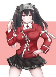  bad_id bad_twitter_id black_hair black_skirt breasts commentary_request cosplay cowboy_shot female hand_on_own_hip highres japanese_clothes kantai_collection kariginu kirigakure_(kirigakure_tantei_jimusho) large_breasts long_hair looking_at_viewer magatama nagato_(kancolle) pleated_skirt red_eyes red_shirt ryuujou_(kancolle) ryuujou_(kancolle)_(cosplay) shirt skirt smile solo standing twintails visor_cap 