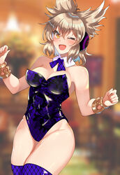  ;d alternate_costume armpit_crease arms_up bare_shoulders blonde_hair blurry blurry_background blush breasts cleavage commentary_request depth_of_field detached_collar earmuffs eyelashes female fingernails gold_bracelet hair_between_eyes kurokan_(kokkyou_oudan) large_breasts looking_at_viewer one_eye_closed open_mouth playboy_bunny purple_thighhighs shiny_skin sidelocks skin_tight skindentation smile solo standing thighhighs thighs touhou toyosatomimi_no_miko wing_collar yellow_eyes 