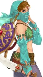  1boy arm_at_side blonde_hair bridal_gauntlets crossdressing detached_sleeves from_side gerudo_set_(zelda) hand_up highres holding holding_weapon ivy_(sena0119) jewelry link looking_at_viewer male_focus medium_hair mouth_veil otoko_no_ko pointy_ears shield shield_on_back simple_background solo sword the_legend_of_zelda the_legend_of_zelda:_breath_of_the_wild veil weapon white_background 