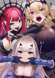  3girls ? baobhan_sith_(fate) baobhan_sith_(second_ascension)_(fate) barghest_(fate) barghest_(second_ascension)_(fate) black_dress black_nails black_sleeves blonde_hair blue_dress blush bracelet breasts brown_eyes commentary_request detached_sleeves dress earrings fate/grand_order fate_(series) finger_in_own_mouth finger_to_mouth fingernails flower forked_eyebrows gauntlets green_eyes grey_eyes hair_between_eyes hair_intakes hair_ornament height_difference heterochromia highres hoop_earrings huge_breasts jewelry kaita_(mokamilkcup) large_breasts long_hair looking_at_viewer medium_breasts melusine_(fate) melusine_(second_ascension)_(fate) multiple_girls open_mouth pale_skin pink_flower pointy_ears purple_eyes red_hair revealing_clothes sharp_teeth sidelocks spiked_bracelet spikes sweatdrop teeth tiara tongue tongue_out translation_request twitter_username white_hair 