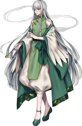  1boy absurdres androgynous ankle_strap blunt_bangs bow braid capri_pants changpao chinese_clothes coat drampa eyewear_strap full_body glasses green_bow green_coat green_footwear grey_hair hair_tubes highres holding holding_smoking_pipe kiseru long_hair looking_at_viewer male_focus moe_(hamhamham) off_shoulder pants parted_lips personification pink_eyes pokemon puffy_pants round_eyewear shoes side_braid simple_background sleeveless smile smoke smoking_pipe solo standing very_long_hair waist_bow white_background white_pants 