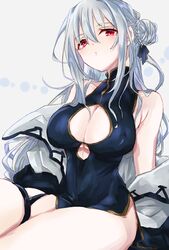  alternate_hairstyle an_fyhx arknights bad_id bad_pixiv_id blue_dress braid breasts china_dress chinese_clothes cleavage cleavage_cutout closed_mouth clothing_cutout commentary cosplay dress feater_(arknights) feater_(arknights)_(cosplay) female grey_background grey_hair hair_between_eyes hair_bun highres jacket large_breasts looking_at_viewer off_shoulder open_clothes open_jacket red_eyes side_slit simple_background single_hair_bun single_side_bun sitting skadi_(arknights) skindentation sleeveless sleeveless_dress solo thigh_strap thighs white_jacket 