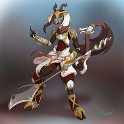  1:1 2016 2_horns absurd_res accessory anthro armor bangle blue_eyes blue_sclera blurred_background boots borobo_(miso_souperstar) bovid breastplate brown_body brown_fur caprine claws clothing digital_media_(artwork) digitigrade ear_piercing ear_ring fabric fingerless_gloves fingers floppy_ears flowing_clothing footwear fur furgonomics glaive gloves gold_(metal) gold_ear_ring gold_jewelry green_eyes green_sclera handwear head_horn headgear helmet hi_res holding_melee_weapon holding_object holding_polearm holding_weapon horn jewelry leather leggings legwear long_ears long_tail ludicrous_res male mammal melee_weapon metal miso_souperstar orange_ribbon piercing polearm pupils ribbons ring_piercing shoulder_armor signature slim slit_pupils solo steel tail tail_accessory tail_bangle tail_jewelry tail_tuft tapering_tail thick_tail toe_claws tuft turquoise_sclera vambrace wavy_horn weapon white_cloth 