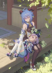  2girls :o absurdres ahoge ancle_(aruncle) bare_shoulders bead_necklace beads bell blue_hair blush breasts coconut commentary_request cowbell day drink drinking_straw earrings flower fruit_cup full_body ganyu_(genshin_impact) genshin_impact gloves grass half-closed_eyes hat high_heels highres jewelry jiangshi lap_pillow leaf light_smile long_sleeves lying multiple_girls necklace on_back outdoors purple_eyes purple_hair qingxin_flower qiqi_(genshin_impact) shorts sitting thighhighs 