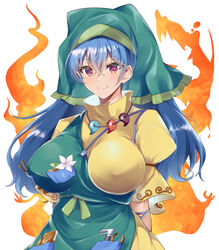  :d apron arms_at_sides aura blue_hair blush breasts closed_mouth commentary_request covered_nipples eyelashes female flower green_apron green_headwear haniyasushin_keiki head_scarf jewelry kurokan_(kokkyou_oudan) large_breasts long_hair looking_at_viewer magatama magatama_necklace necklace pocket puffy_short_sleeves puffy_sleeves red_eyes shirt short_sleeves signature simple_background single_strap smile solo tools touhou upper_body white_background white_flower yellow_shirt yellow_sleeves 