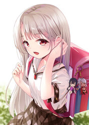  backpack bag bag_charm blush breasts character_charm character_doll charm_(object) chloe_von_einzbern collared_shirt commentary fate/kaleid_liner_prisma_illya fate_(series) female highres illyasviel_von_einzbern long_hair looking_at_viewer md5_mismatch miyu_edelfelt open_mouth randoseru red_eyes red_ribbon ribbon shirt small_breasts smile solo tucking_hair white_hair white_shirt yan_(nicknikg) 