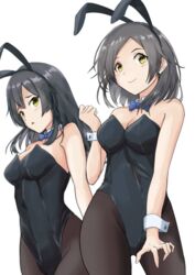  2girls absurdres animal_ears black_bow black_bowtie black_hair black_leotard black_pantyhose blush bow bowtie breasts chuchu_tako covered_navel detached_collar fake_animal_ears hair_ornament hairclip highleg highleg_leotard highres kantai_collection kuroshio_(kancolle) leotard long_hair looking_at_viewer medium_breasts multiple_girls open_mouth oyashio_(kancolle) pantyhose playboy_bunny rabbit_ears short_hair smile standing strapless strapless_leotard traditional_bowtie wrist_cuffs yellow_eyes 