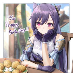  birthday blush border breasts chair choker coat collared_dress commentary_request cone_hair_bun dated double_bun dress ebiri_fy feathers female flower food fried_food frilled_gloves frills genshin_impact gloves hair_between_eyes hair_bun hair_ornament hairpin happy_birthday head_rest highres keqing_(genshin_impact) light_smile long_hair looking_at_viewer neck_tassel overcoat plate purple_choker purple_dress purple_eyes purple_feathers purple_hair sitting small_breasts solo table twintails upper_body white_border white_flower 