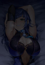  absurdres armpits arms_up black_bra blue_dress blue_hair blush bra breasts cy9 diagonal_bangs dice dress female genshin_impact green_eyes grin highres large_breasts looking_at_viewer lying neck_tassel on_back sidelocks smile solo sweat underwear upper_body yelan_(genshin_impact) 