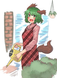  animal_ears apron blush breasts brick bush dog_ears dog_tail dress female fern ginnkei green_eyes green_hair hanging_plant highres kasodani_kyouko long_sleeves looking_at_viewer oerba_yun_fang open_mouth pink_shirt plaid plaid_apron shirt short_hair small_breasts solo standing tail touhou watering watering_can window 