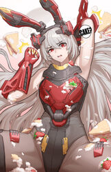  absurdres animal_ears armored_leotard arms_behind_head blush cake cake_slice charolic_(girls&#039;_frontline_2) cheogtanbyeong english_text fake_animal_ears female food fruit gauntlets girls&#039;_frontline girls&#039;_frontline_2:_exilium grey_hair headband highres leotard long_hair mechanical_ears messy open_mouth pantyhose playboy_bunny rabbit_ears red_eyes solo strawberry sweatdrop thighs very_long_hair 