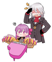  1boy anger_vein angry antonio_salieri_(fate) antonio_salieri_(second_ascension)_(fate) ascot black_gloves breasts cleavage closed_eyes dot_nose facepalm fate/grand_order fate_(series) female gloves grey_hair hair_between_eyes huge_breasts instrument jacket jewelry jitome long_hair mechanical_arms mini_piano o-ring oneroom-disco open_mouth passionlip_(fate) piano purple_eyes purple_hair red_ascot ring see-through see-through_cleavage shaded_face shirt squiggle striped_clothes striped_jacket suit_jacket vertical-striped_clothes vertical-striped_jacket wavy_mouth white_background white_shirt 