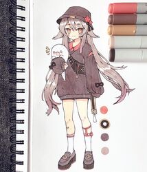  :3 :d absurdres adapted_costume anny_(yoai) arm_at_side art_tools_in_frame artist_name bandaid bandaid_on_leg black_footwear black_hat black_shorts black_sweater blush_stickers boo_tao_(genshin_impact) brown_hair color_guide female flower full_body genshin_impact ghost grey_hair hat hat_flower highres hu_tao_(genshin_impact) legwear_garter long_hair long_sleeves looking_at_viewer marker marker_(medium) photo_(medium) red_eyes red_flower shoes shorts simple_background sleeves_past_wrists smile socks solo standing sweater tassel traditional_media twintails very_long_hair white_background white_socks 