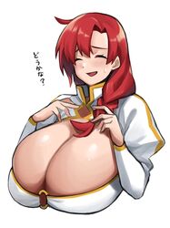  alternate_breast_size blush boudica_(fate) breasts check_translation cleavage closed_eyes commentary fate/grand_order fate_(series) female highres huge_breasts imuzi juliet_sleeves long_hair long_sleeves o-ring o-ring_top open_mouth ponytail puffy_sleeves red_hair short_ponytail shrug_(clothing) smile solo translation_request 