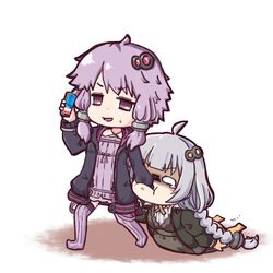  2girls annoyed biting biting_another&#039;s_hand black_dress black_jacket braid cellphone chibi commentary criss-cross_halter dragging dress full_body grey_hair hair_ornament hair_tubes halterneck hand_in_mouth highres holding holding_phone hood hooded_jacket jacket kizuna_akari long_hair multiple_girls no_shoes orange_legwear phone purple_dress purple_hair purple_legwear sakana_(syake) short_hair_with_long_locks sidelocks smartphone standing sweat tears thighhighs twin_braids v-shaped_eyebrows very_long_hair vocaloid voiceroid yuzuki_yukari 