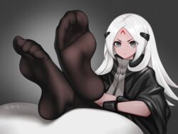  absurdres bingbingzi black_eyes black_thighhighs chinese_commentary commentary crossed_arms crossed_legs dark-skinned_female dark_skin elisa_(girls&#039;_frontline) facial_mark feet female foot_focus forehead_mark frown girls&#039;_frontline hair_ornament highres long_hair looking_at_viewer no_shoes pantyhose sangvis_ferri sitting socks soles solo thighhighs toes white_hair 