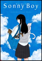  animal artist_logo bag black_border black_eyes black_hair black_skirt border chris_re5 cloud commentary copyright_name cowboy_shot day feline female from_behind gen_(sonny_boy) grey_vest holding holding_animal holding_cat instagram_username long_hair looking_back mizuho_(sonny_boy) outdoors pleated_skirt sakura_(sonny_boy) school_uniform shirt skirt sky sonny_boy standing sweater_vest tora_(sonny_boy) twitter_username vest white_cat white_shirt 