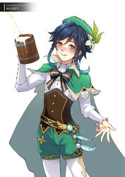  1boy :q alcohol artist_name beer beer_mug beret black_hair blue_hair blush braid cape closed_mouth commission cowboy_shot cup english_commentary flower genshin_impact gradient_hair green_cape green_eyes green_hat green_shorts hair_between_eyes hair_ornament hat hat_flower holding holding_cup long_sleeves looking_at_viewer male_focus mibry_(phrysm) mug multicolored_hair nose_blush pantyhose saliva shirt short_shorts shorts sidelocks simple_background smile solo standing tongue tongue_out twin_braids venti_(genshin_impact) vision_(genshin_impact) white_background white_pantyhose white_shirt 