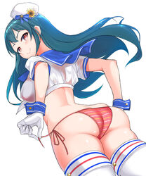  ass bikini blue_hair blue_sailor_collar blush breasts brown_eyes collared_shirt commentary_request covering_own_mouth female flower from_behind from_below gloves hat hat_flower highres idolmaster idolmaster_cinderella_girls long_hair looking_at_viewer looking_back medium_breasts ohishi_izumi sailor_collar shirota_mizuki shirt simple_background skindentation smile solo striped_bikini striped_clothes swimsuit thighhighs white_background white_gloves white_thighhighs 